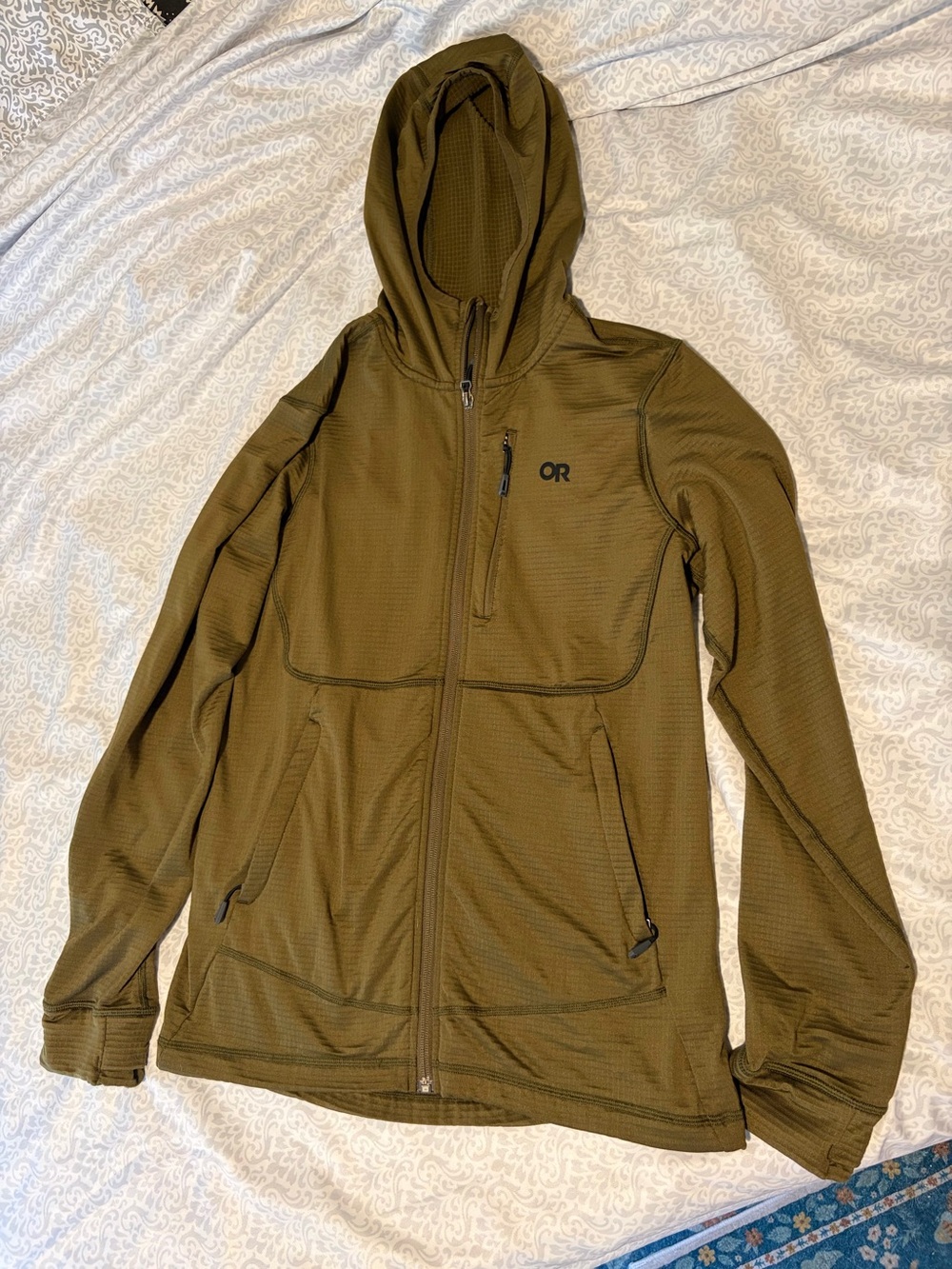 Men’s Outdoor Research Vigor Olive Green Full-Zip Hooded Performance Jacket